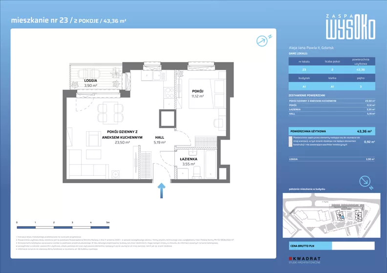 2 pokoje, mieszkanie 43,36 m², piętro 3, oferta nr A1/23, Zaspa Wysoko, Gdańsk, Zaspa, Zaspa-Młyniec, aleja Jana Pawła II
