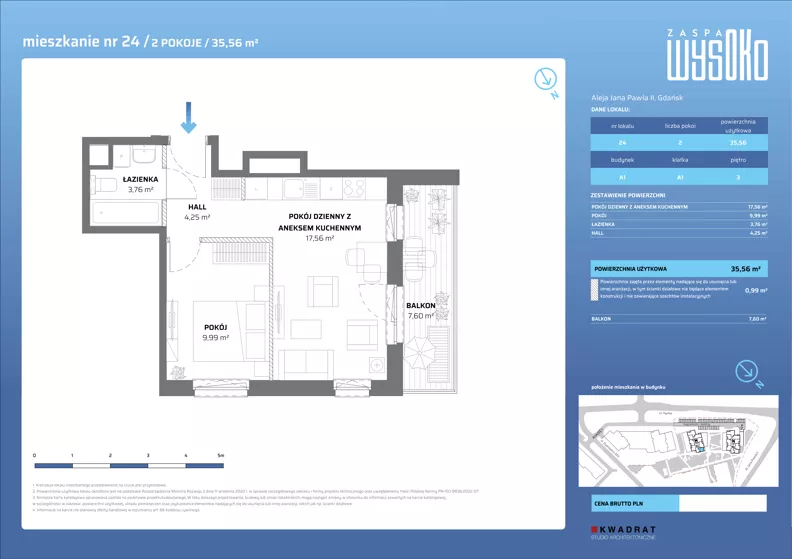 2 pokoje, mieszkanie 35,56 m², piętro 3, oferta nr A1/24, Zaspa Wysoko, Gdańsk, Zaspa, Zaspa-Młyniec, aleja Jana Pawła II