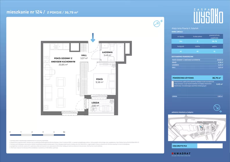 2 pokoje, mieszkanie 36,79 m², piętro 15, oferta nr A1/124, Zaspa Wysoko, Gdańsk, Zaspa, Zaspa-Młyniec, aleja Jana Pawła II