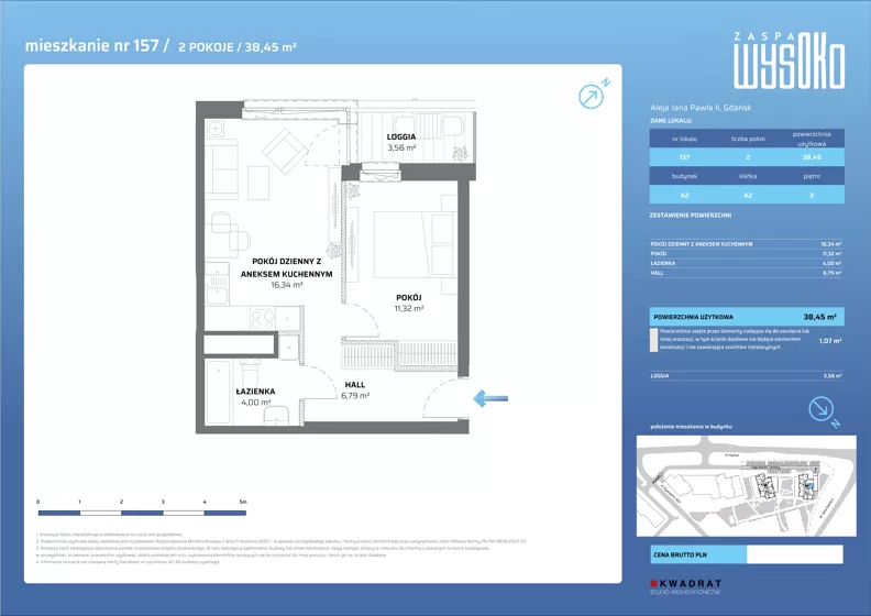 2 pokoje, mieszkanie 38,45 m², piętro 2, oferta nr A2/157, Zaspa Wysoko, Gdańsk, Zaspa, Zaspa-Młyniec, aleja Jana Pawła II