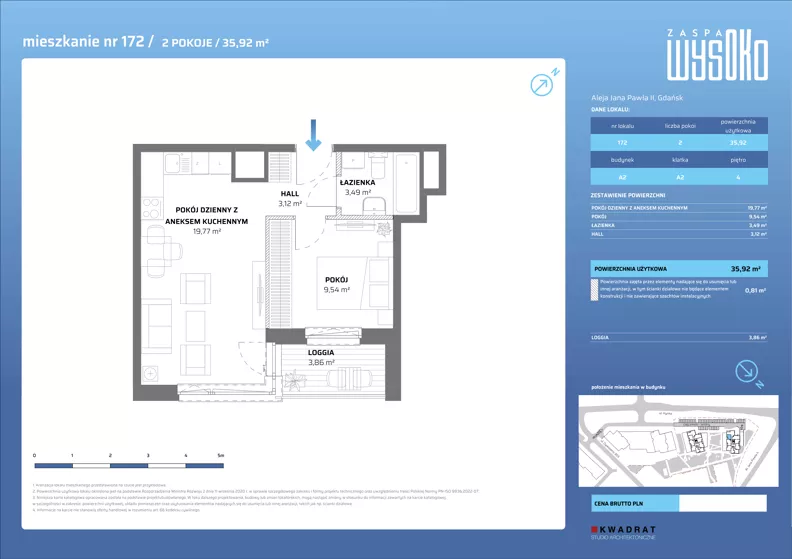 2 pokoje, mieszkanie 35,92 m², piętro 4, oferta nr A2/172, Zaspa Wysoko, Gdańsk, Zaspa, Zaspa-Młyniec, aleja Jana Pawła II