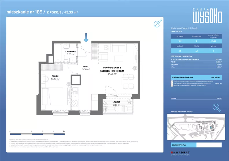 2 pokoje, mieszkanie 45,33 m², piętro 6, oferta nr A2/189, Zaspa Wysoko, Gdańsk, Zaspa, Zaspa-Młyniec, aleja Jana Pawła II