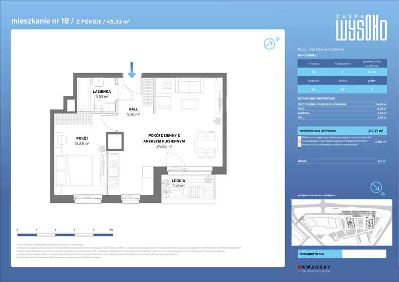 2 pokoje, mieszkanie 45,33 m², piętro 3, oferta nr A1/18, Zaspa Wysoko, Gdańsk, Zaspa, Zaspa-Młyniec, aleja Jana Pawła II