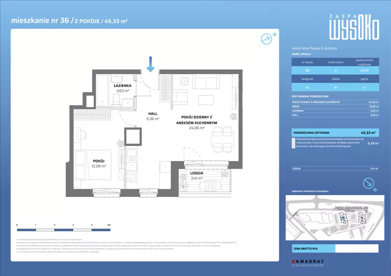 2 pokoje, mieszkanie 45,33 m², piętro 5, oferta nr A1/36, Zaspa Wysoko, Gdańsk, Zaspa, Zaspa-Młyniec, aleja Jana Pawła II