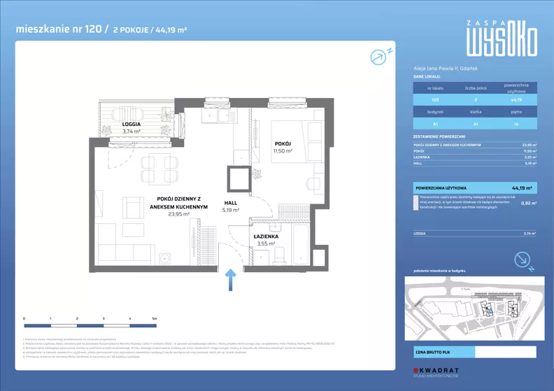 2 pokoje, mieszkanie 44,19 m², piętro 14, oferta nr A1/120, Zaspa Wysoko, Gdańsk, Zaspa, Zaspa-Młyniec, aleja Jana Pawła II