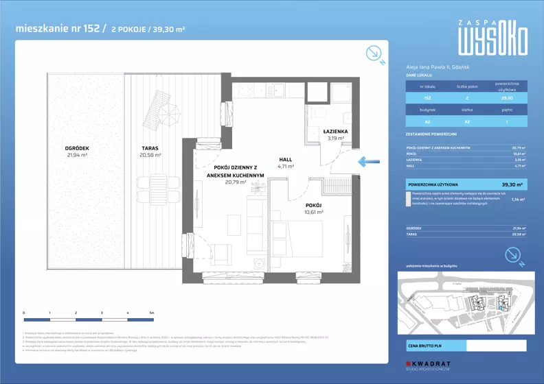2 pokoje, mieszkanie 39,30 m², piętro 1, oferta nr A2/152, Zaspa Wysoko, Gdańsk, Zaspa, Zaspa-Młyniec, aleja Jana Pawła II