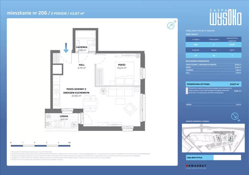 2 pokoje, mieszkanie 43,67 m², piętro 7, oferta nr A2/206, Zaspa Wysoko, Gdańsk, Zaspa, Zaspa-Młyniec, aleja Jana Pawła II