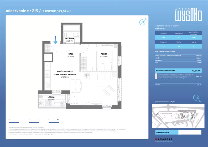 2 pokoje, mieszkanie 43,67 m², piętro 8, oferta nr A2/215, Zaspa Wysoko, Gdańsk, Zaspa, Zaspa-Młyniec, aleja Jana Pawła II