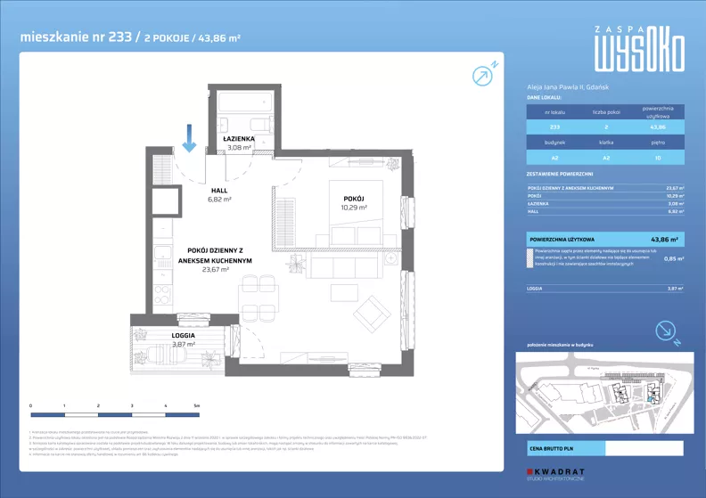 2 pokoje, mieszkanie 43,86 m², piętro 10, oferta nr A2/233, Zaspa Wysoko, Gdańsk, Zaspa, Zaspa-Młyniec, aleja Jana Pawła II