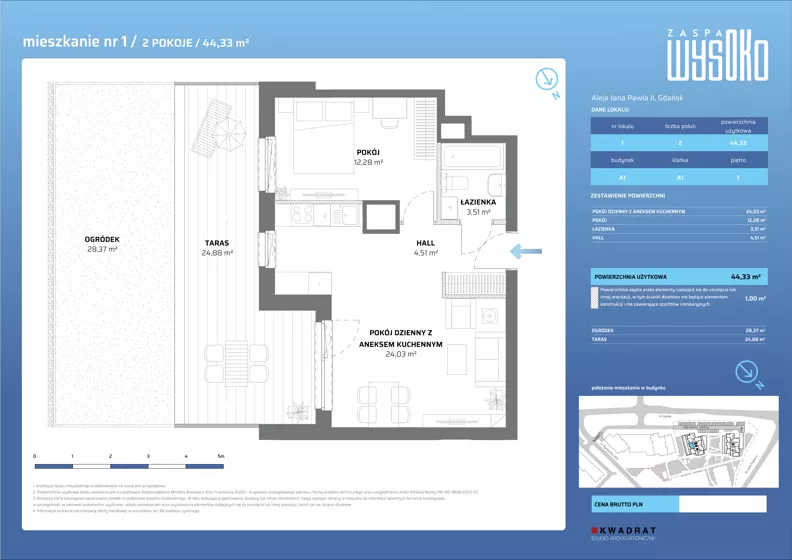 2 pokoje, mieszkanie 44,33 m², piętro 1, oferta nr A1/1, Zaspa Wysoko, Gdańsk, Zaspa, Zaspa-Młyniec, aleja Jana Pawła II
