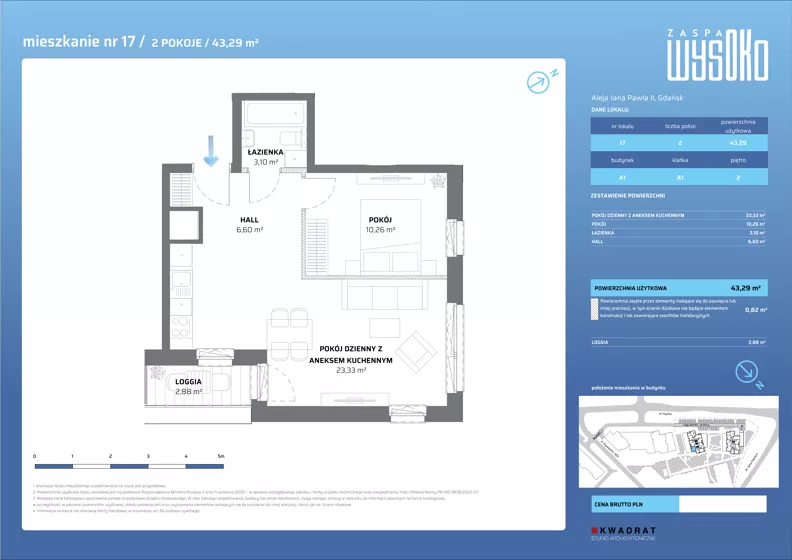 2 pokoje, mieszkanie 43,29 m², piętro 2, oferta nr A1/17, Zaspa Wysoko, Gdańsk, Zaspa, Zaspa-Młyniec, aleja Jana Pawła II