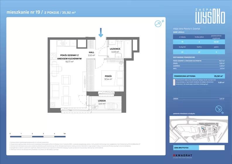 2 pokoje, mieszkanie 35,92 m², piętro 3, oferta nr A1/19, Zaspa Wysoko, Gdańsk, Zaspa, Zaspa-Młyniec, aleja Jana Pawła II