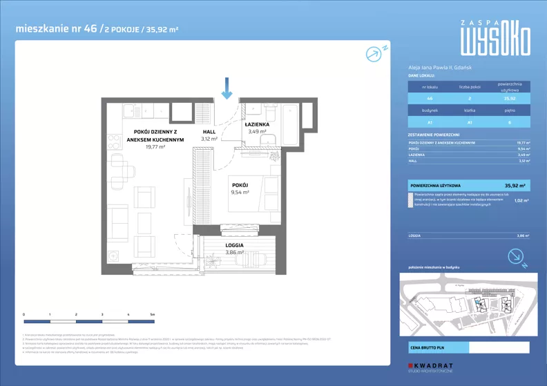 2 pokoje, mieszkanie 35,92 m², piętro 6, oferta nr A1/46, Zaspa Wysoko, Gdańsk, Zaspa, Zaspa-Młyniec, aleja Jana Pawła II