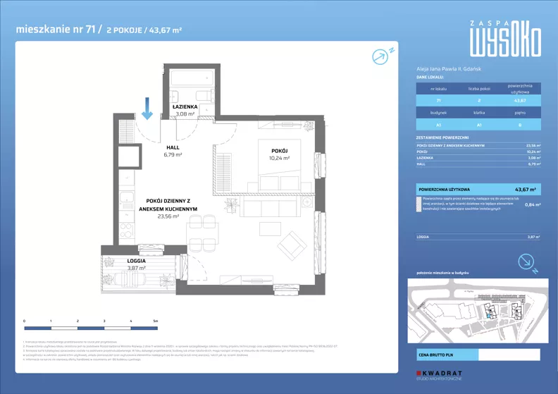 2 pokoje, mieszkanie 43,67 m², piętro 8, oferta nr A1/71, Zaspa Wysoko, Gdańsk, Zaspa, Zaspa-Młyniec, aleja Jana Pawła II