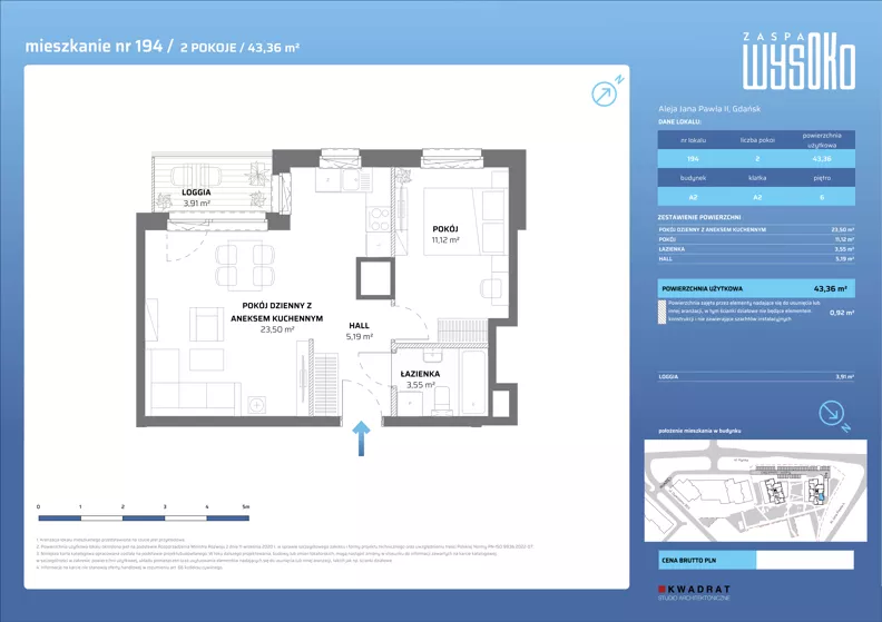 2 pokoje, mieszkanie 43,36 m², piętro 6, oferta nr A2/194, Zaspa Wysoko, Gdańsk, Zaspa, Zaspa-Młyniec, aleja Jana Pawła II