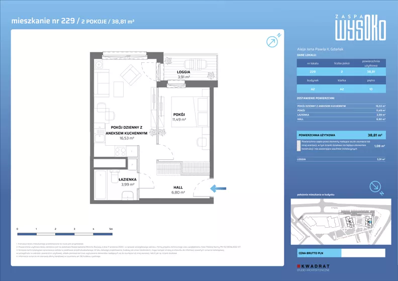 2 pokoje, mieszkanie 38,81 m², piętro 10, oferta nr A2/229, Zaspa Wysoko, Gdańsk, Zaspa, Zaspa-Młyniec, aleja Jana Pawła II
