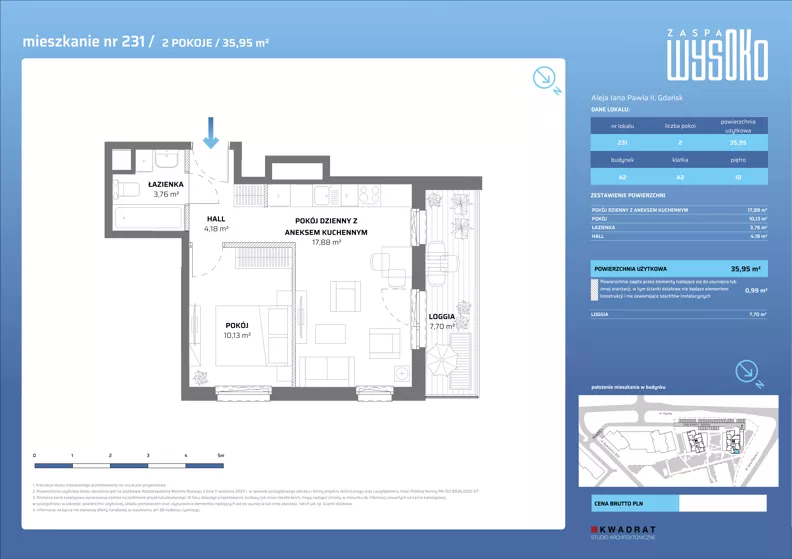 2 pokoje, mieszkanie 35,95 m², piętro 10, oferta nr A2/231, Zaspa Wysoko, Gdańsk, Zaspa, Zaspa-Młyniec, aleja Jana Pawła II