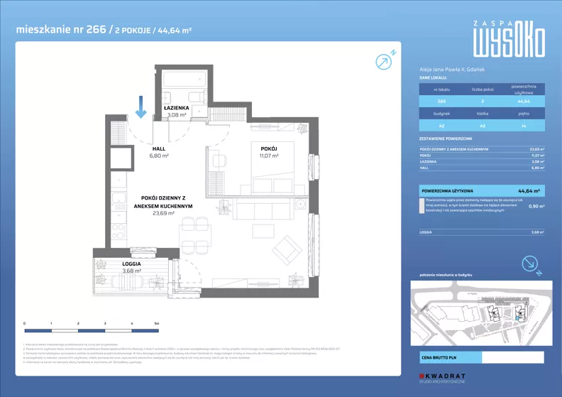 2 pokoje, mieszkanie 44,64 m², piętro 14, oferta nr A2/266, Zaspa Wysoko, Gdańsk, Zaspa, Zaspa-Młyniec, aleja Jana Pawła II