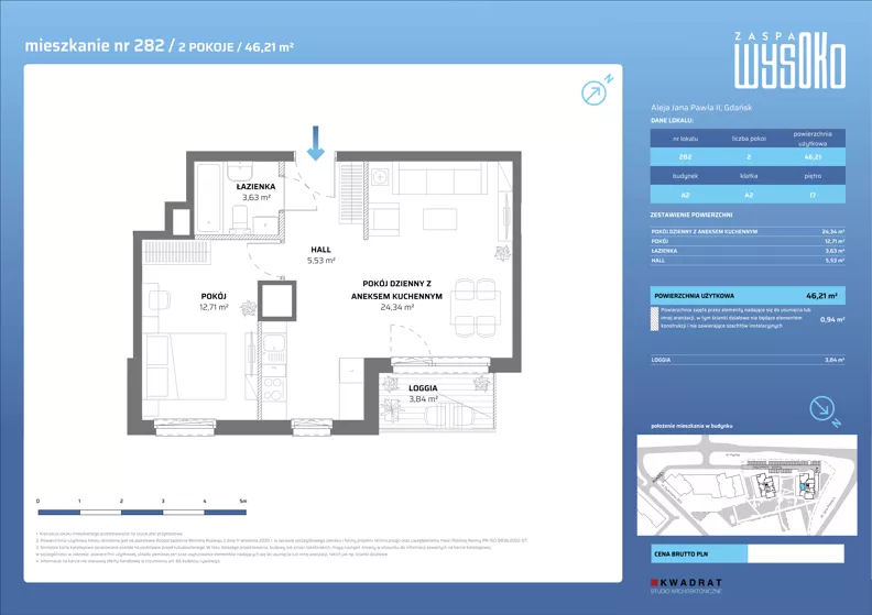 2 pokoje, mieszkanie 46,21 m², piętro 17, oferta nr A2/282, Zaspa Wysoko, Gdańsk, Zaspa, Zaspa-Młyniec, aleja Jana Pawła II