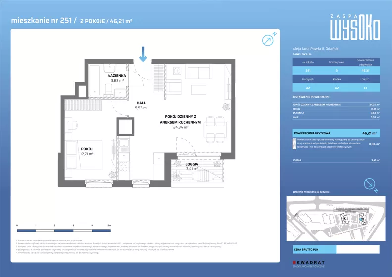 2 pokoje, mieszkanie 46,21 m², piętro 13, oferta nr A2/251, Zaspa Wysoko, Gdańsk, Zaspa, Zaspa-Młyniec, aleja Jana Pawła II