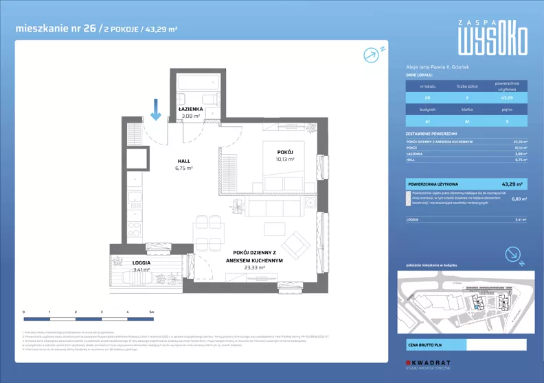2 pokoje, mieszkanie 43,29 m², piętro 3, oferta nr A1/26, Zaspa Wysoko, Gdańsk, Zaspa, Zaspa-Młyniec, aleja Jana Pawła II