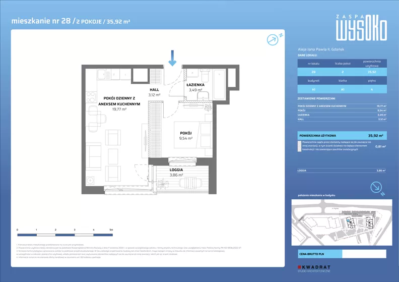 2 pokoje, mieszkanie 35,92 m², piętro 4, oferta nr A1/28, Zaspa Wysoko, Gdańsk, Zaspa, Zaspa-Młyniec, aleja Jana Pawła II