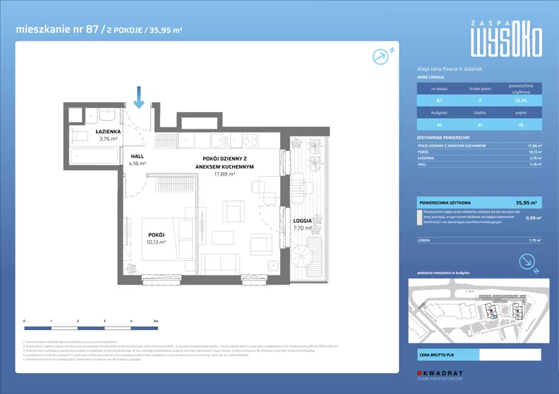 2 pokoje, mieszkanie 35,95 m², piętro 10, oferta nr A1/87, Zaspa Wysoko, Gdańsk, Zaspa, Zaspa-Młyniec, aleja Jana Pawła II