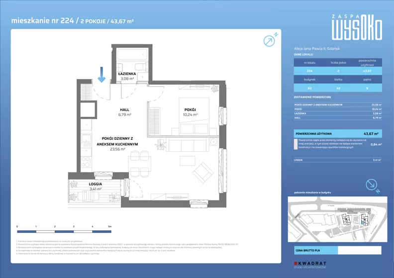 2 pokoje, mieszkanie 43,67 m², piętro 9, oferta nr A2/224, Zaspa Wysoko, Gdańsk, Zaspa, Zaspa-Młyniec, aleja Jana Pawła II