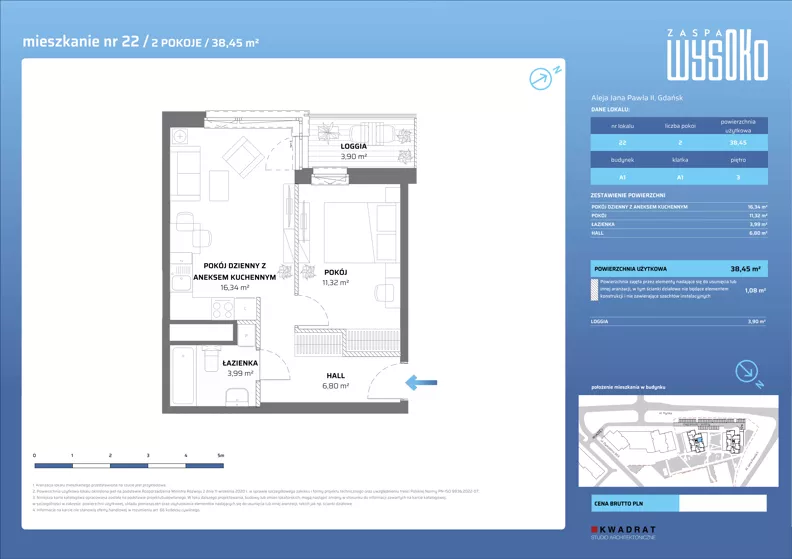 2 pokoje, mieszkanie 38,45 m², piętro 3, oferta nr A1/22, Zaspa Wysoko, Gdańsk, Zaspa, Zaspa-Młyniec, aleja Jana Pawła II