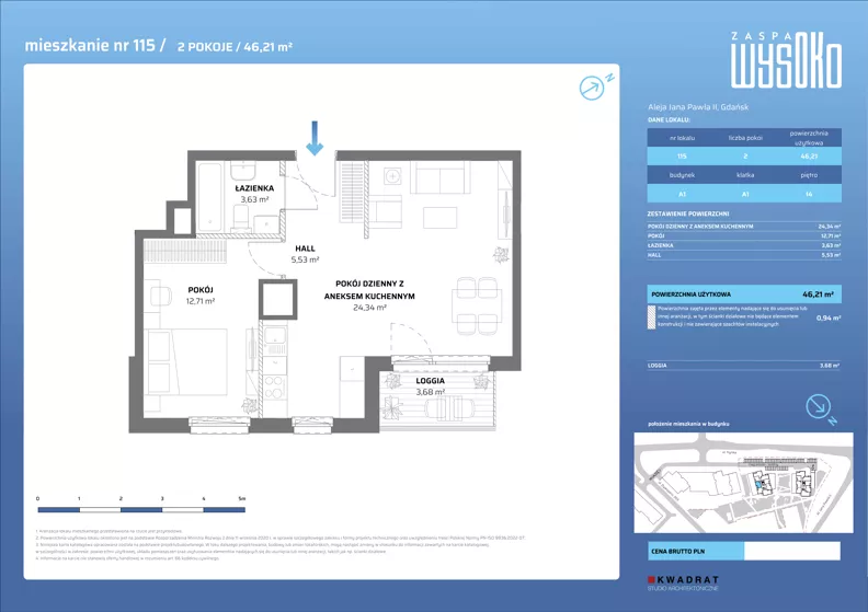 2 pokoje, mieszkanie 46,21 m², piętro 14, oferta nr A1/115, Zaspa Wysoko, Gdańsk, Zaspa, Zaspa-Młyniec, aleja Jana Pawła II