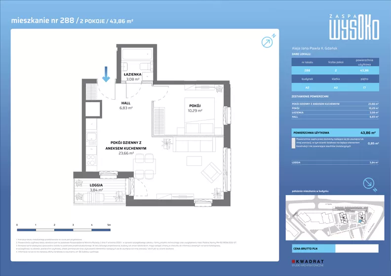 2 pokoje, mieszkanie 43,86 m², piętro 17, oferta nr A2/288, Zaspa Wysoko, Gdańsk, Zaspa, Zaspa-Młyniec, aleja Jana Pawła II
