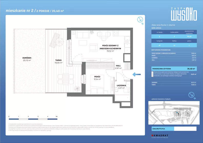 2 pokoje, mieszkanie 35,40 m², piętro 1, oferta nr A1/2, Zaspa Wysoko, Gdańsk, Zaspa, Zaspa-Młyniec, aleja Jana Pawła II