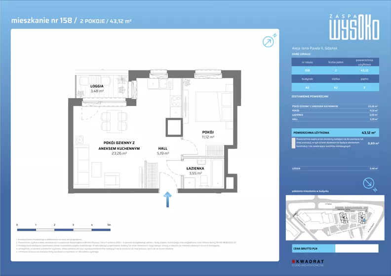 2 pokoje, mieszkanie 43,12 m², piętro 2, oferta nr A2/158, Zaspa Wysoko, Gdańsk, Zaspa, Zaspa-Młyniec, aleja Jana Pawła II