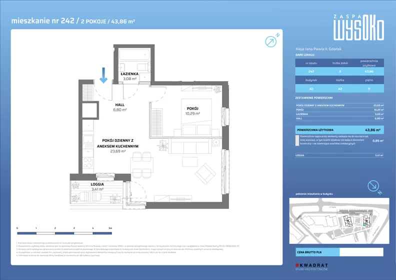 2 pokoje, mieszkanie 43,86 m², piętro 11, oferta nr A2/242, Zaspa Wysoko, Gdańsk, Zaspa, Zaspa-Młyniec, aleja Jana Pawła II