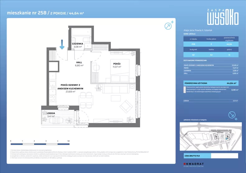 2 pokoje, mieszkanie 44,64 m², piętro 13, oferta nr A2/258, Zaspa Wysoko, Gdańsk, Zaspa, Zaspa-Młyniec, aleja Jana Pawła II