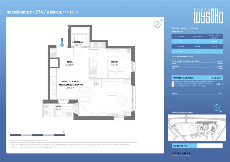2 pokoje, mieszkanie 44,64 m², piętro 15, oferta nr A2/274, Zaspa Wysoko, Gdańsk, Zaspa, Zaspa-Młyniec, aleja Jana Pawła II