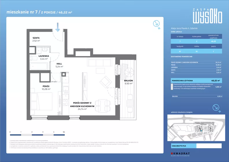 2 pokoje, mieszkanie 46,22 m², piętro 1, oferta nr A1/7, Zaspa Wysoko, Gdańsk, Zaspa, Zaspa-Młyniec, aleja Jana Pawła II