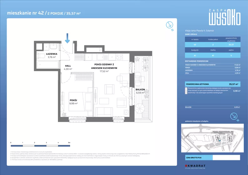 2 pokoje, mieszkanie 35,57 m², piętro 5, oferta nr A1/42, Zaspa Wysoko, Gdańsk, Zaspa, Zaspa-Młyniec, aleja Jana Pawła II
