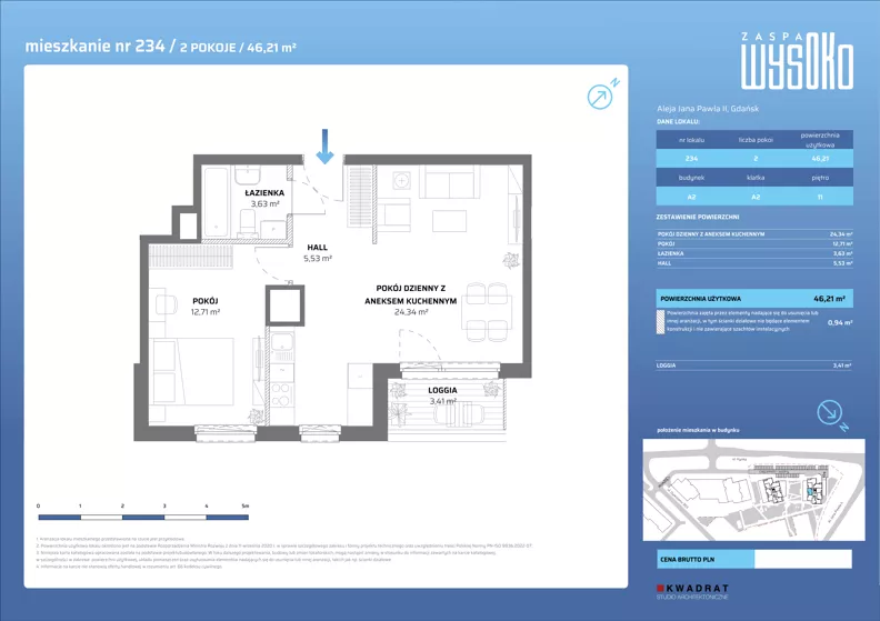 2 pokoje, mieszkanie 46,21 m², piętro 11, oferta nr A2/234, Zaspa Wysoko, Gdańsk, Zaspa, Zaspa-Młyniec, aleja Jana Pawła II