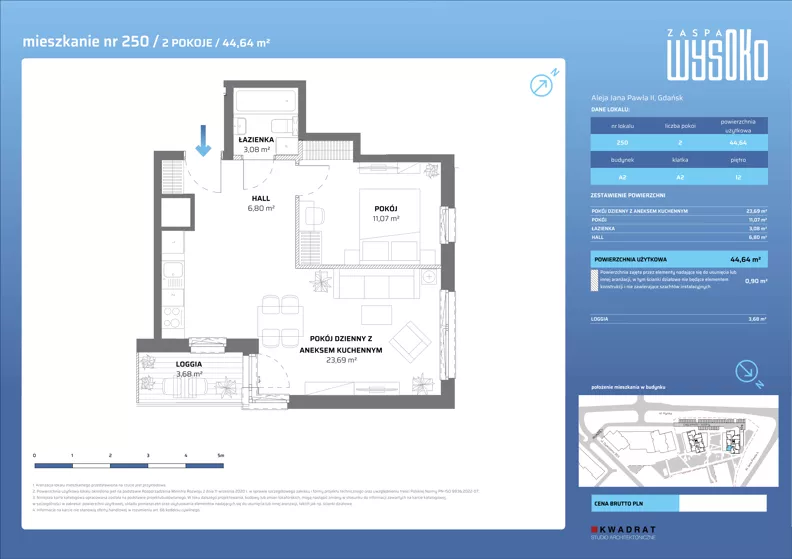 2 pokoje, mieszkanie 44,64 m², piętro 12, oferta nr A2/250, Zaspa Wysoko, Gdańsk, Zaspa, Zaspa-Młyniec, aleja Jana Pawła II