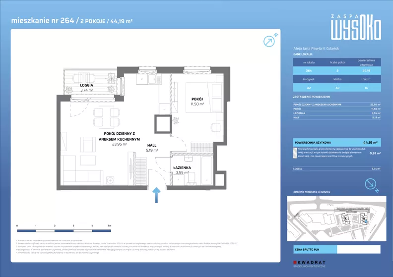 2 pokoje, mieszkanie 44,19 m², piętro 14, oferta nr A2/264, Zaspa Wysoko, Gdańsk, Zaspa, Zaspa-Młyniec, aleja Jana Pawła II