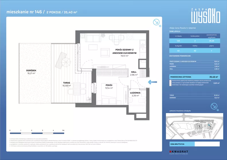 2 pokoje, mieszkanie 35,40 m², piętro 1, oferta nr A2/146, Zaspa Wysoko, Gdańsk, Zaspa, Zaspa-Młyniec, aleja Jana Pawła II