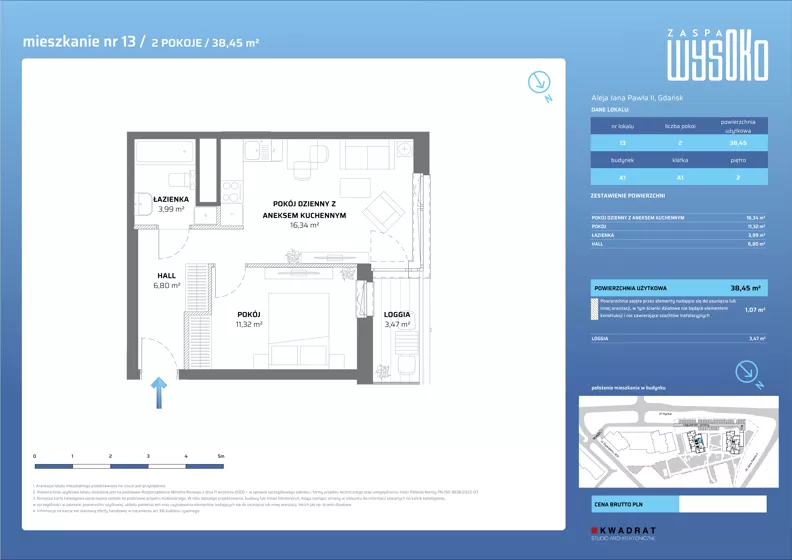 2 pokoje, mieszkanie 38,45 m², piętro 2, oferta nr A1/13, Zaspa Wysoko, Gdańsk, Zaspa, Zaspa-Młyniec, aleja Jana Pawła II
