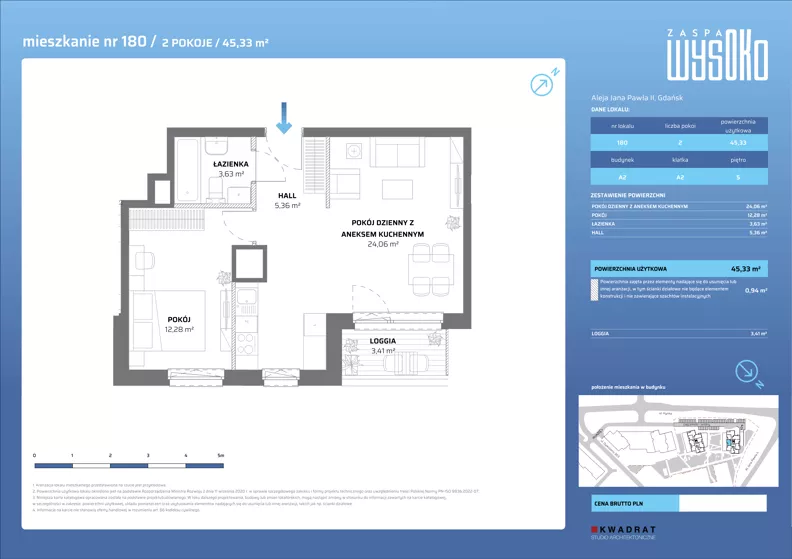 2 pokoje, mieszkanie 45,33 m², piętro 5, oferta nr A2/180, Zaspa Wysoko, Gdańsk, Zaspa, Zaspa-Młyniec, aleja Jana Pawła II
