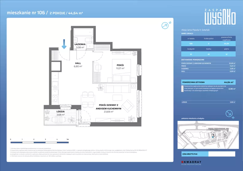 2 pokoje, mieszkanie 44,64 m², piętro 12, oferta nr A1/106, Zaspa Wysoko, Gdańsk, Zaspa, Zaspa-Młyniec, aleja Jana Pawła II