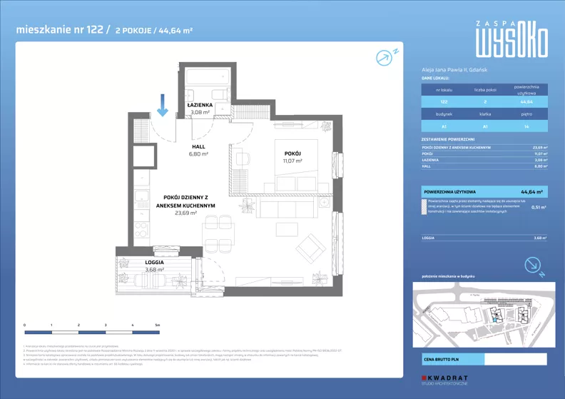2 pokoje, mieszkanie 44,64 m², piętro 14, oferta nr A1/122, Zaspa Wysoko, Gdańsk, Zaspa, Zaspa-Młyniec, aleja Jana Pawła II
