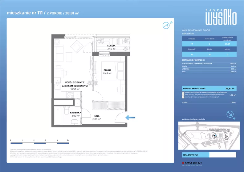 2 pokoje, mieszkanie 38,81 m², piętro 13, oferta nr A1/111, Zaspa Wysoko, Gdańsk, Zaspa, Zaspa-Młyniec, aleja Jana Pawła II