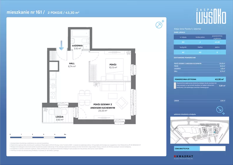 2 pokoje, mieszkanie 43,30 m², piętro 2, oferta nr A2/161, Zaspa Wysoko, Gdańsk, Zaspa, Zaspa-Młyniec, aleja Jana Pawła II