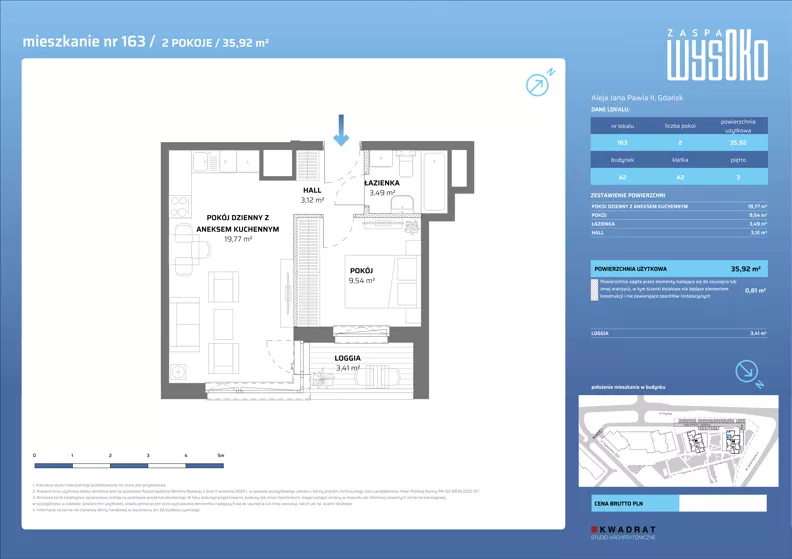 2 pokoje, mieszkanie 35,92 m², piętro 3, oferta nr A2/163, Zaspa Wysoko, Gdańsk, Zaspa, Zaspa-Młyniec, aleja Jana Pawła II