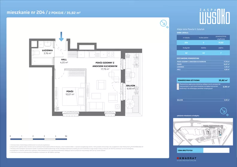 2 pokoje, mieszkanie 35,82 m², piętro 7, oferta nr A2/204, Zaspa Wysoko, Gdańsk, Zaspa, Zaspa-Młyniec, aleja Jana Pawła II